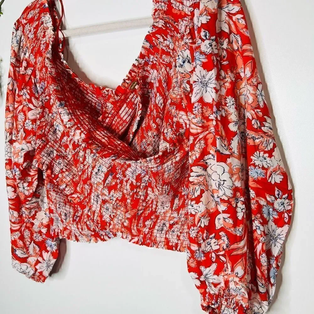 Free People Pink Red White Floral Crop Puff Blouson Sleeve Blouse